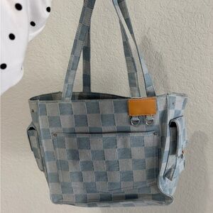 Light Blue Checkered Tote Bag - Casual Women's Shoulder Bag